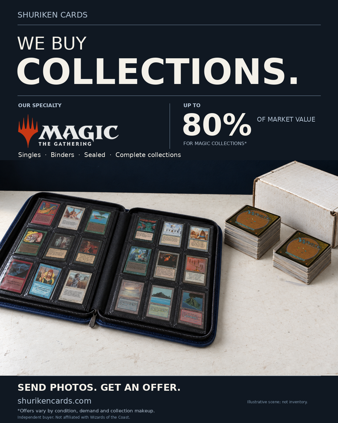 Shuriken buys card collections, specializing in Magic: The Gathering. Up to 80% of market value; offers vary by condition, demand, and collection makeup. Illustrative scene with vintage cards in a binder, card stacks, and a storage box.